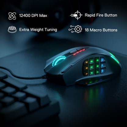Redragon M913 Impact Elite Wireless Gaming Mouse, 16000 DPI Wired/Wireless RGB Mouse with 16 Programmable Buttons, 45 Hr Battery and Pro Optical Sensor, 12 Side Buttons MMO Mous