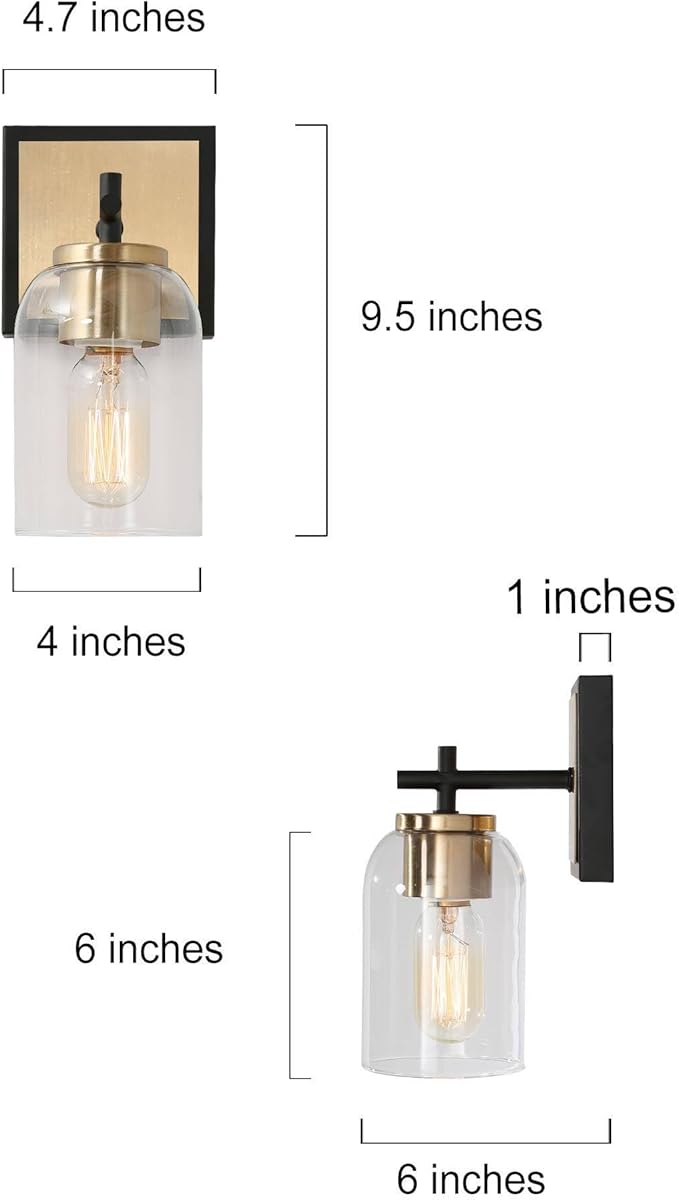 KSANA Black & Gold Wall Sconces, Electroplate Brass Sconce Wall Lighting, Modern 1-Light Bathroom Light Fixtures with Clear Glass Shade for Stairway, Living Room and Kitchen