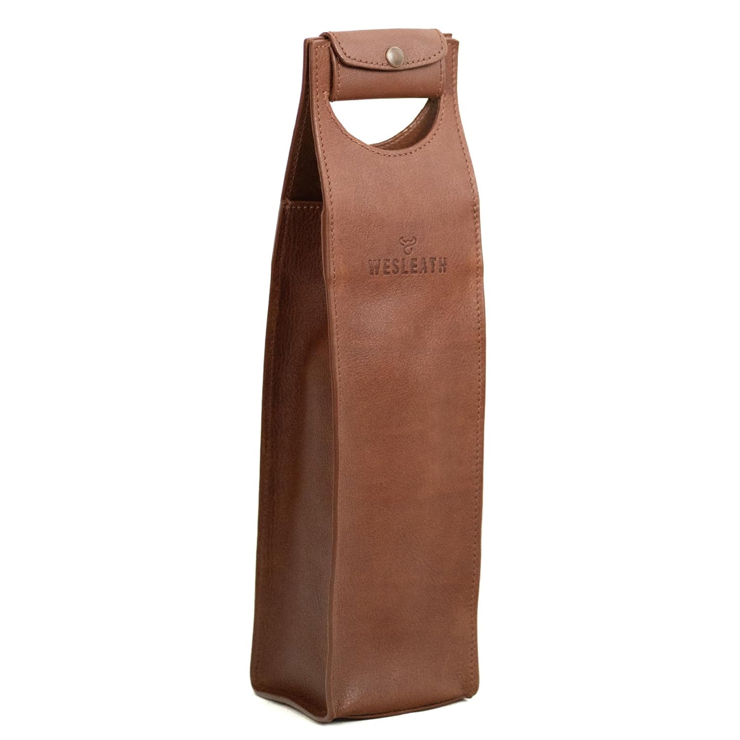 WESLEATH Leather Tote Wine Carrier Bag | Premium Quality Single Bottle Carry with Strong Handles, Full Grain Leather & Metal Buckle - Protective Carrier for Picnic, Wine Champagne Gift Bag (Bourbon)