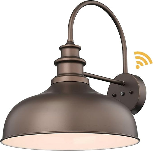 Bestshared 16 Inch Dome Large Dusk to Dawn Sensor Gooseneck Barn Light Anti-Rust Farmhouse Outdoor Wall Sconce Industrial Exterior Wall Lighting Fixture, Outside Lantern G (ORB+White, 16” Dome-1Pack)