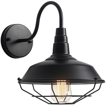 Outdoor Gooseneck Barn Light Fixture, Farmhouse Exterior Wall Sconce, Vintage Rustic Wall Mount Lamp with Metal Cage, Industrial Black Waterproof Lantern for Proch, Patio, Garage, Backyard, Warehouse