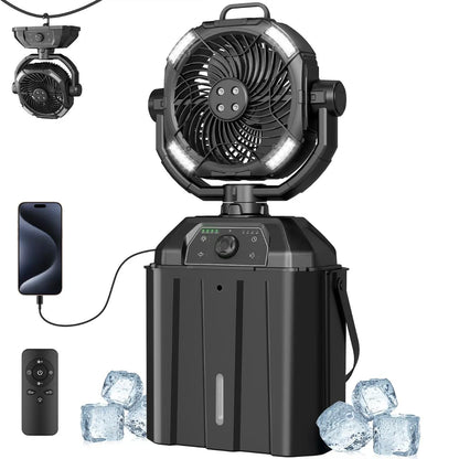 NYXQUARK Portable Misting Fan with 25000mAh Reverse Charging & Remote Control, Auto-Oscillating LED Outdoor Cooling Fan, Stepless Speed, Waterproof Design for Camping, Patio, Pets, Garden Use (Black)