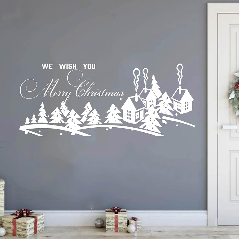 Christmas Wall Decal, Winter Village Scene with Trees and Houses, 38 x 15.7 inches, MC078 (White)