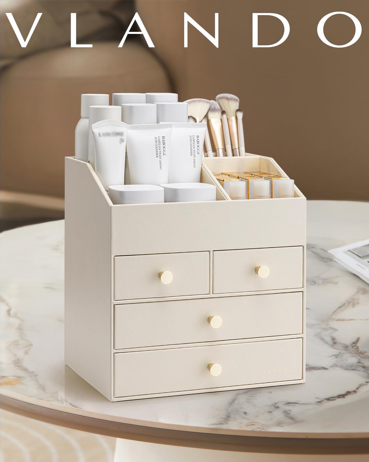 VLANDO Makeup Organizer for Vanity, PU Leather Cosmetic Organizer with 4 Drawers, Large Bathroom Countertop Skin Care Storage for Perfume Lipstick Brushes, Dresser Organizer for Women-Beige