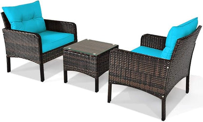 HAPPYGRILL 3 Piece Patio Furniture Set Outdoor Rattan Wicker Coffee Table & Chairs Set with Seat Cushions Patio Conversation Set for Garden Balcony Backyard Poolside