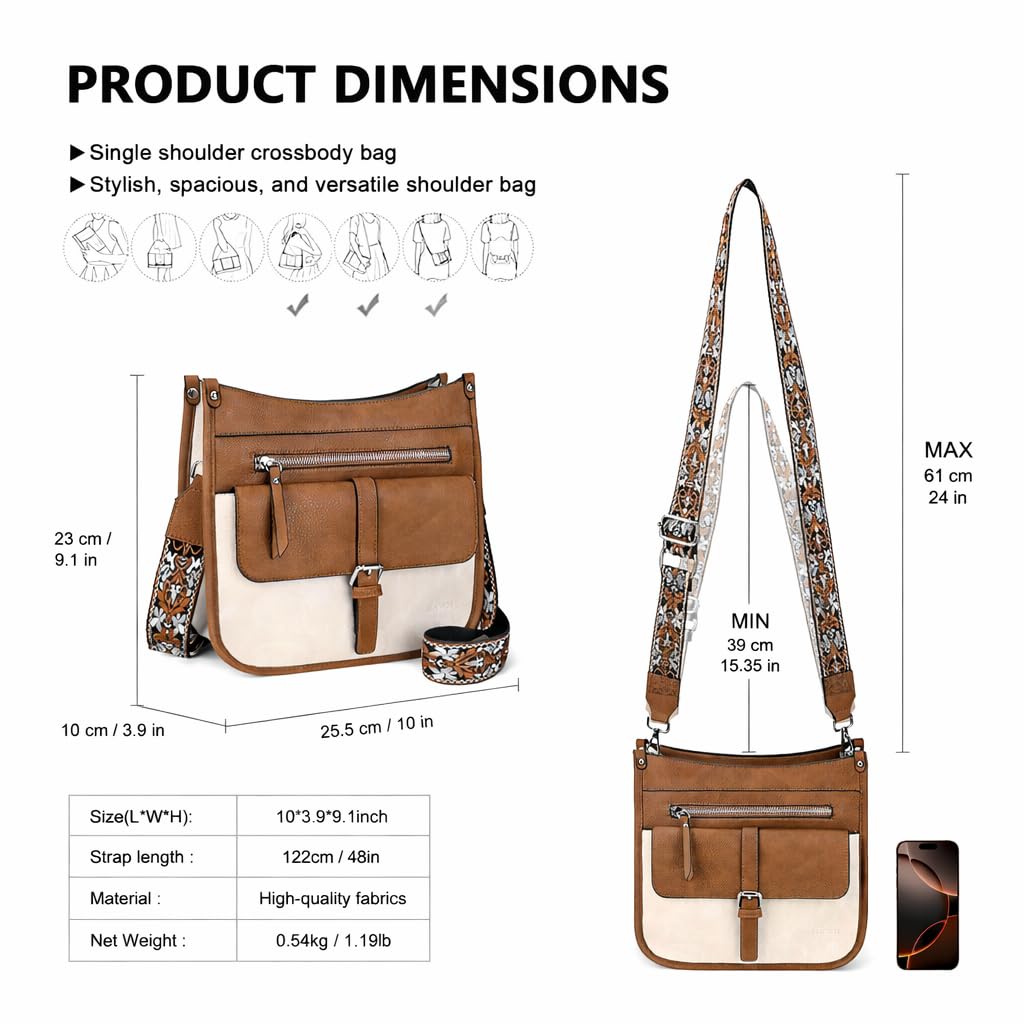 Zhanzong Medium Crossbody Purse for Women, Multi Pocket Shoulder Handbag with Wide Strap for Everyday Use, Shopping, and Travel(Brown)