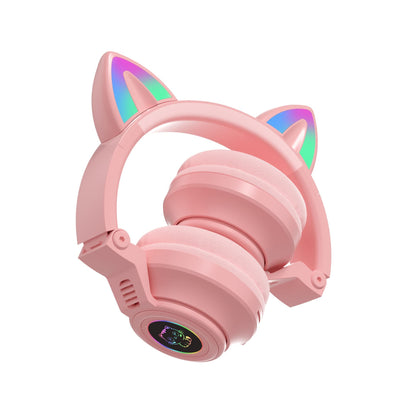 YUSONIC Cat Ear Bluetooth Headphones for Kids & Adults, Wireless Foldable & Wired Multi-Function LED Light Up Over Ear Headphones with Mic and Volume Control for iPhone/iPad/Laptop/PC (Pink 2)