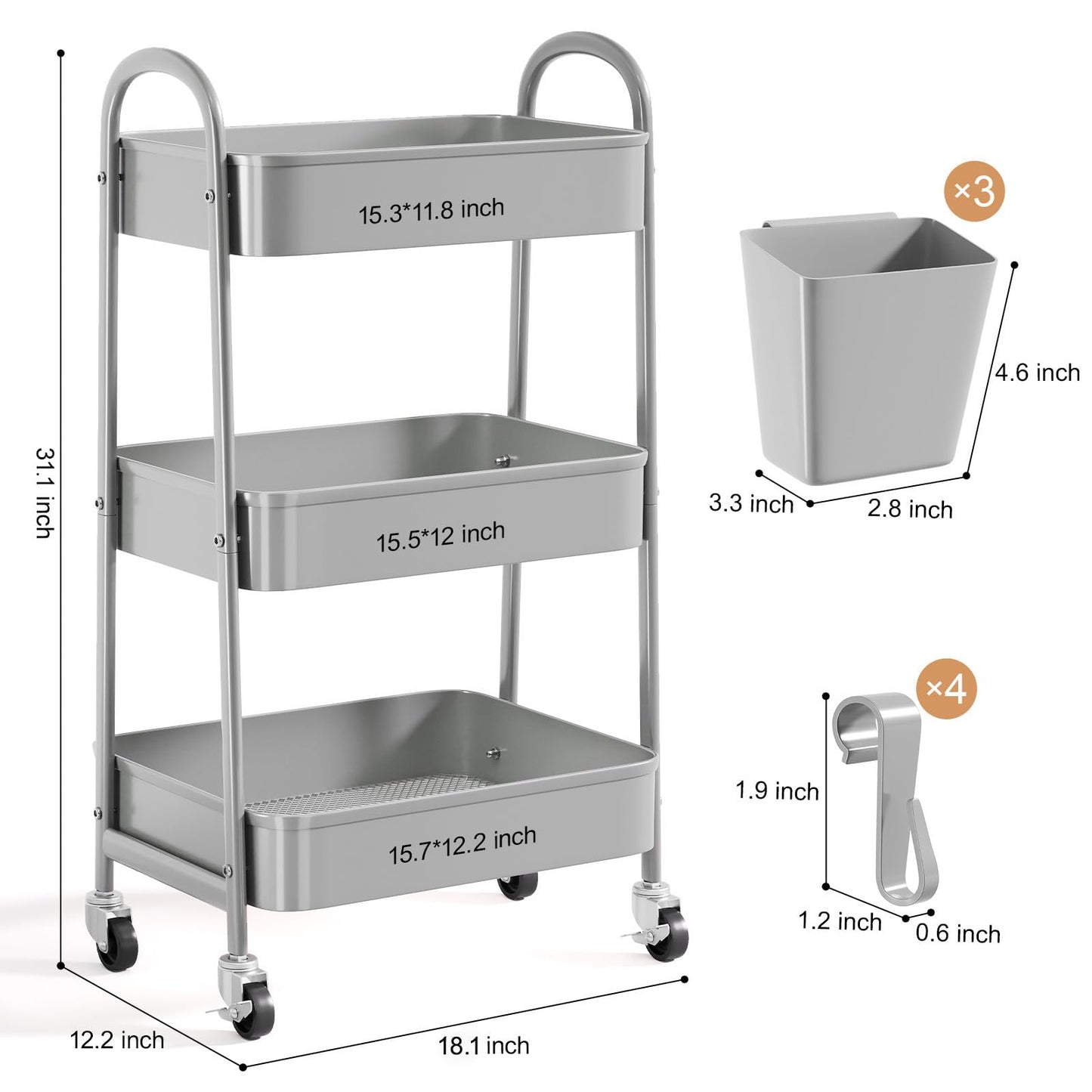 3 Tier Gray Metal Rolling Cart, Mesh Storage Cart with Handle and Lockable Wheels, Multifunctional Three Tiered Utility Organizer Carts for Kitchen, Office, Bathroom, Craft, Art, Snack, Baby Supplies