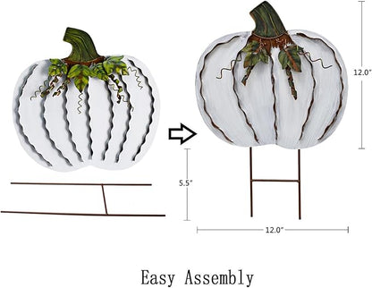 Metal Pumpkin Stakes Yard Signs Fall Decor Decorative Garden Stake Lawn Pumpkins Ornaments Outdoor Autumn Decoration for Harvest Halloween Thanksgiving (17.5" H White x2)