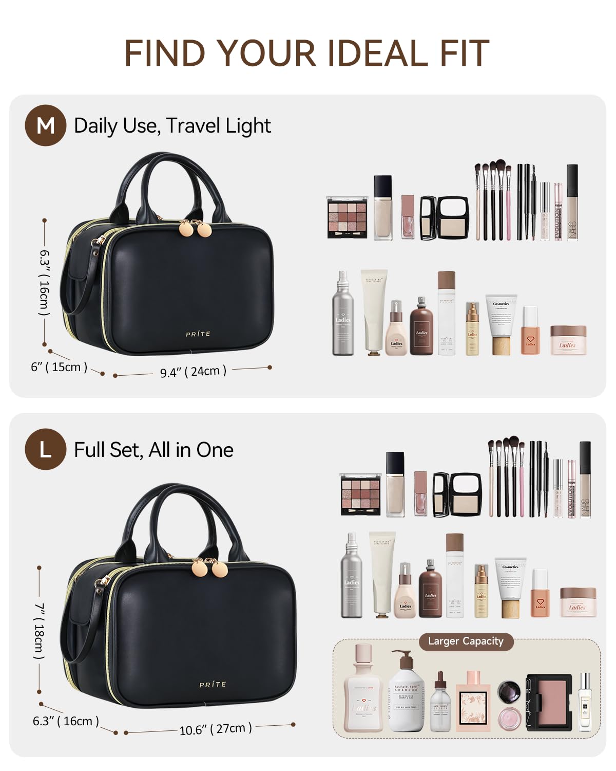 Prite Makeup Bag for Women, Large Capacity Waterproof Travel Cosmetic Organizer, Portable Open Flat Toiletry Bag with Free-standing Brush Holder and Handle(Black Large)
