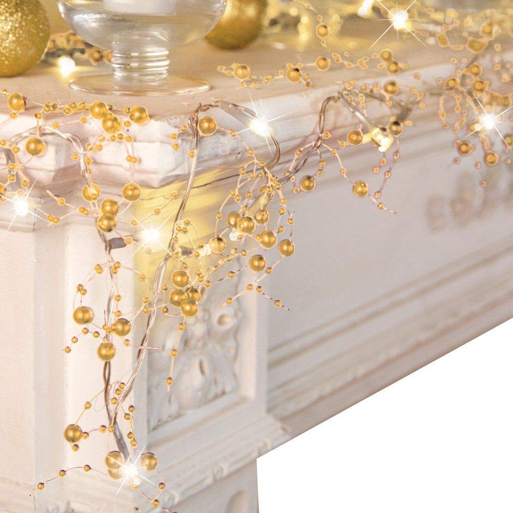 VERY100 Christmas Garland with Lights 8.3 FT Festival Lighted Berry Beaded Garland Christmas Decorations for Indoor Home Mantel Fireplace Holiday Party Decor(Gold)
