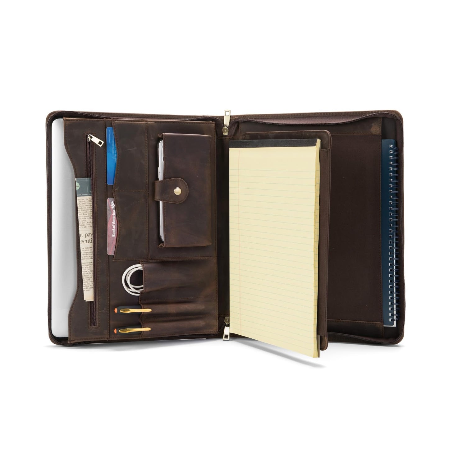 Geslun Genuine Leather Portfolio with Front Pocket for Men and Women, 8.5 x 11 Legal Pad Notepad Holder, Zippered Business Organizer, Professional Executive Letter Notebook Folder for Work, Dark Khaki
