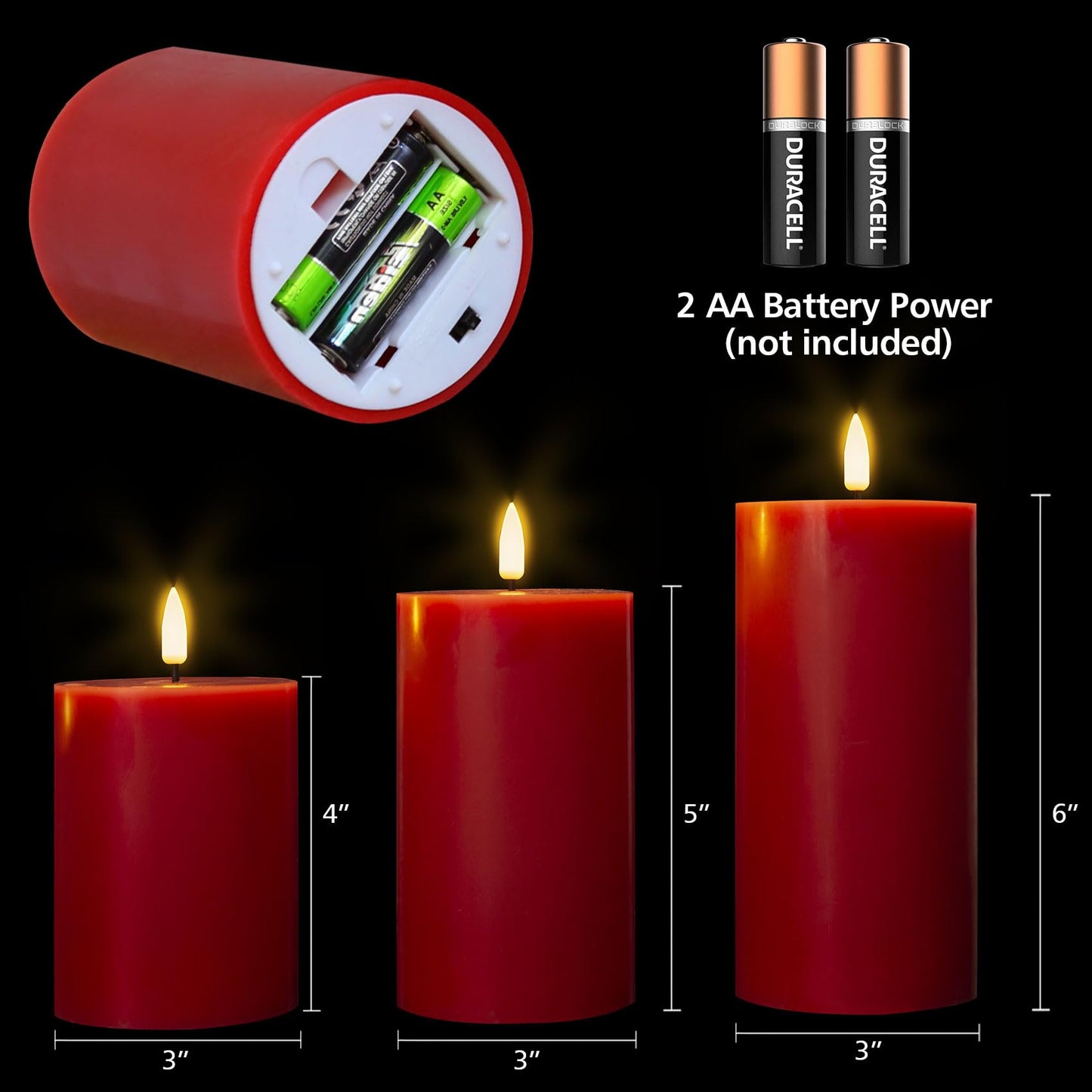 Eywamage Red Flameless Pillar Candles with Remote, Flickering Battery Operated LED Wax Candles Set of 3