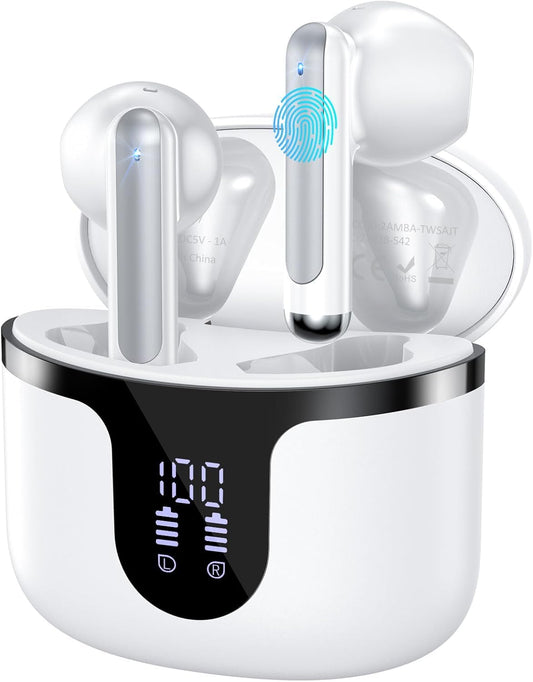 BHNYBWUL Wireless Earbuds, Bluetooth Headphones 5.4 Stereo 50 Hour Playback Ear Buds with LED Display and with ENC Noise Cancelling Mic Wireless Earphones, for Phone, Tablet, Laptop, Sports, White