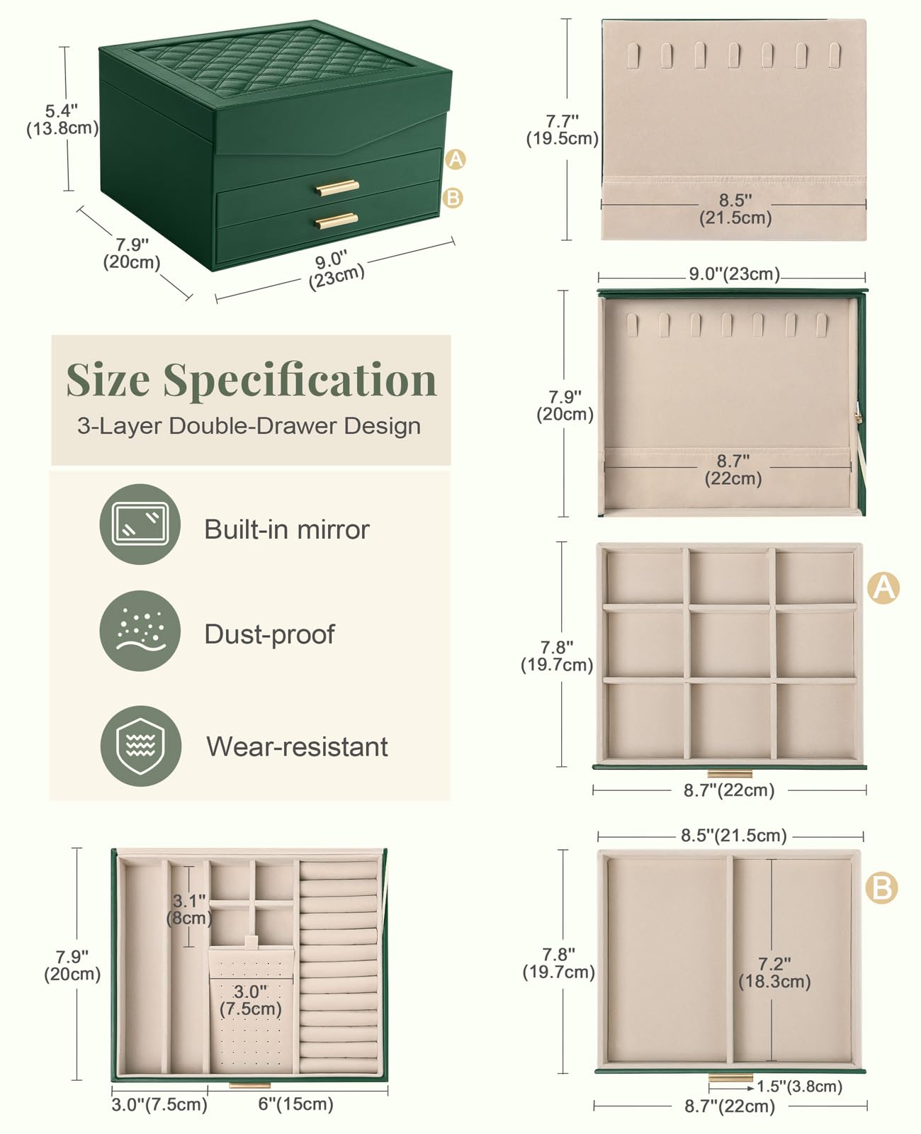 Amearea Jewelry Box Organizer for Women Girls with Mirror, 3-Layer Large Jewelry Storage Case, Synthetic Leather Jewelry Holder Organizer with Removable Tray for Necklaces Earrings Rings, Green