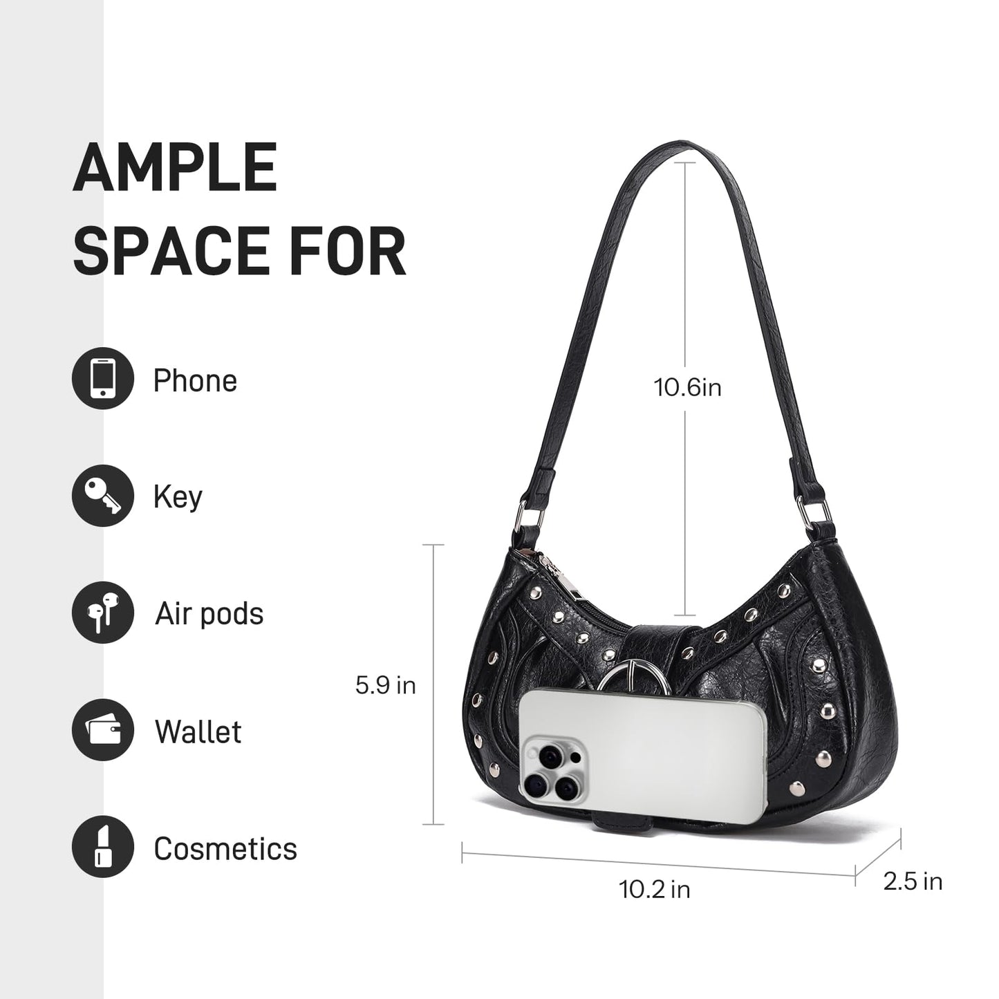 HIYOLALA Y2K Purse Small Shoulder Bags for Women with Rivets Punk Style Goth Grunge Emo Handbag