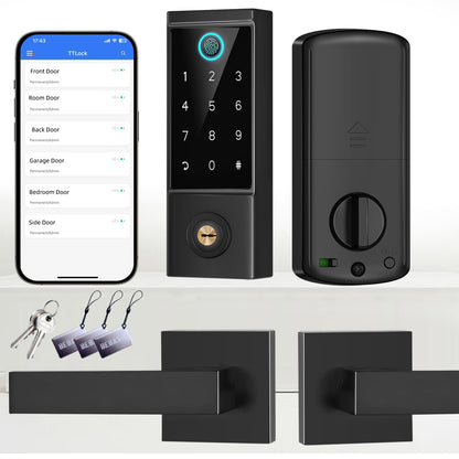 BEBASIA APP Control Fingerprint Lock with Handle, Heavy Duty Smart Keyless Entry Front Door Lock Set, Keypad Deadbolt with Lever Handles, Smart Locks for Front Door, Anti-Peeping Password Black