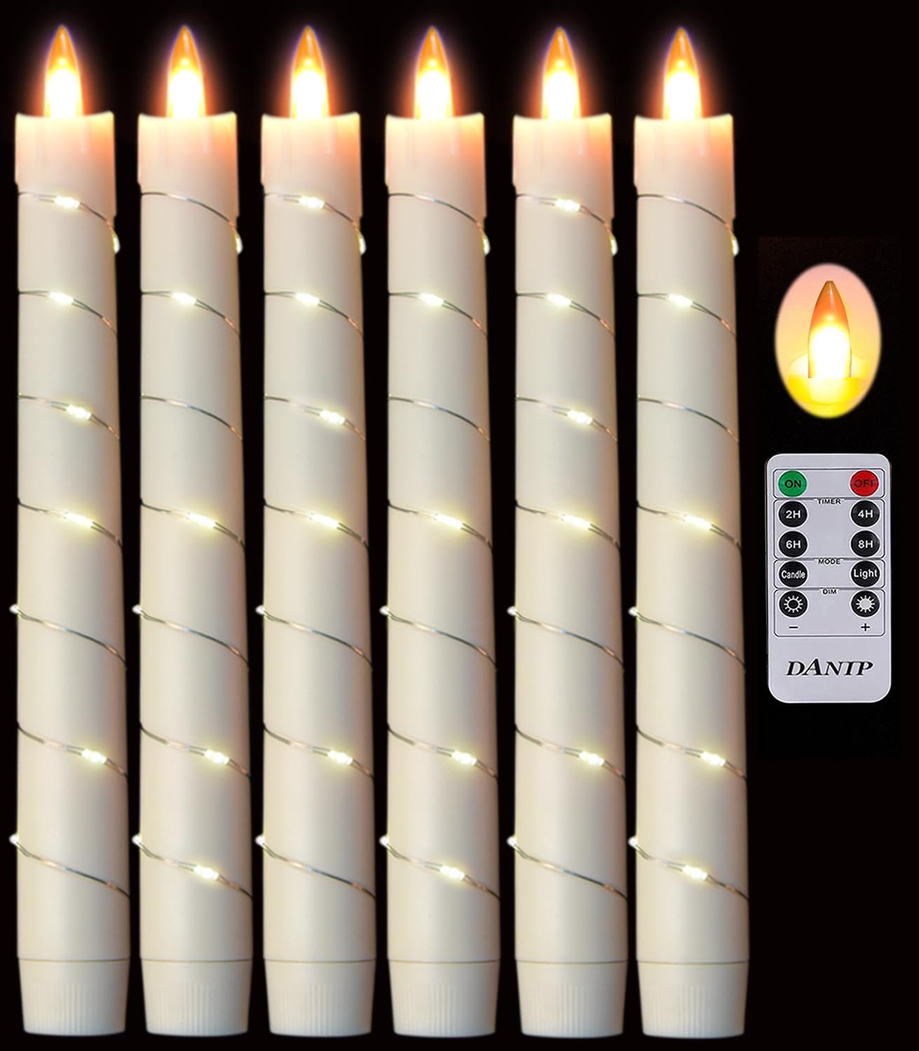danip flameless Cone Candle, Patented Starlight String, with 11 Timing Key Remote Control, Battery Powered, Patented Simulated Flame, 6 Packs (Ivory Color)