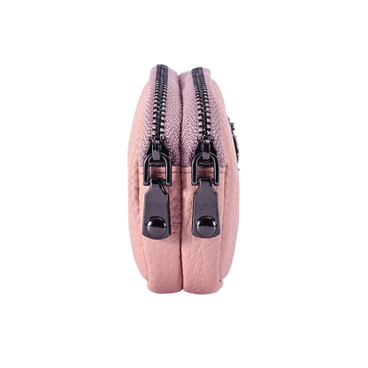Yocipa Genuine Leather Coin Purse for Women Small Double Zipper Wallet Mini Change Pouch with Bee Charm for Cash Cards Keys Cute Compact Organizer (Pink)