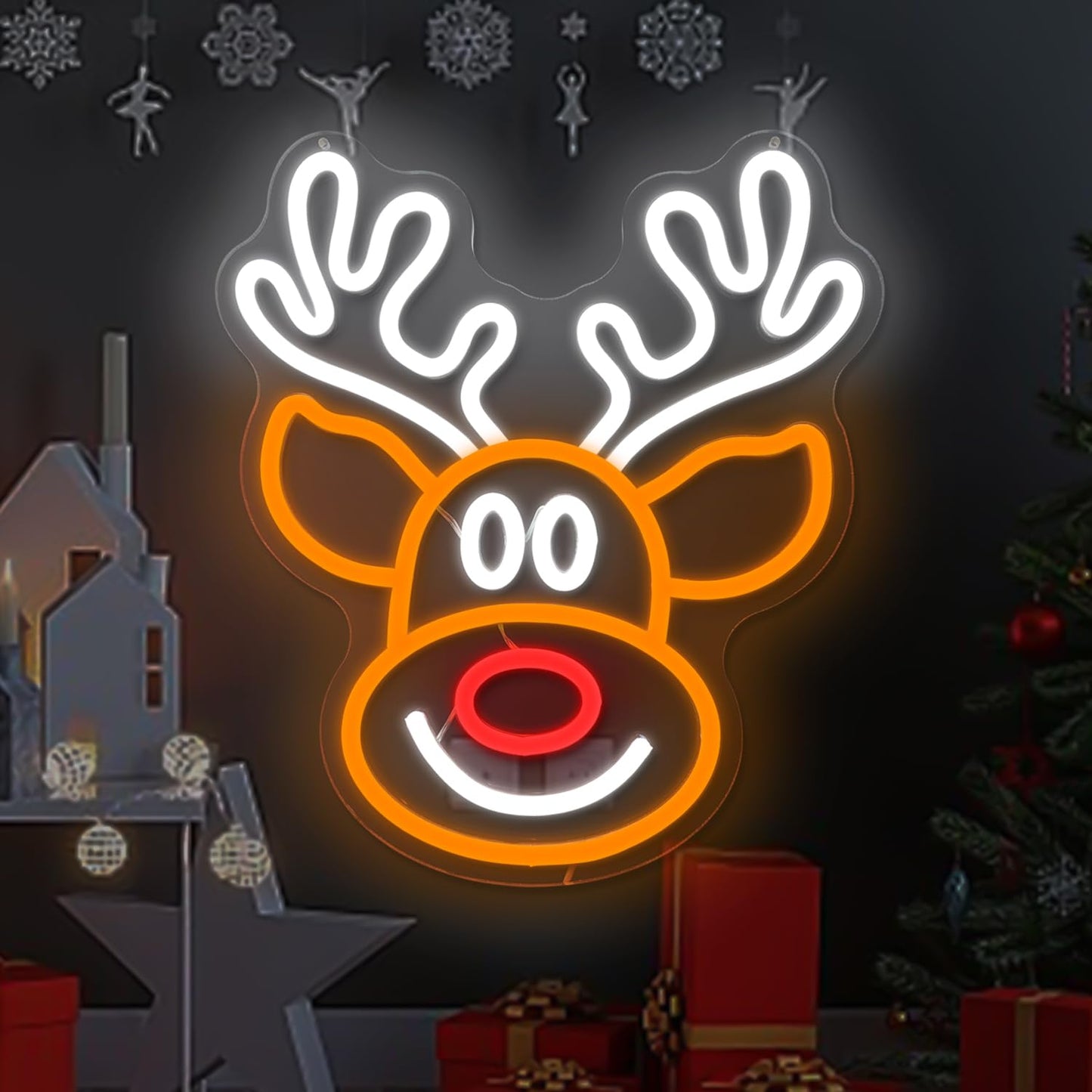 Christmas Elk Neon Sign for Wall Decor Dimmable Christmas Neon Light Deer Led Neon Night Light Up Signs for Bedroom Children Kids Gift Living Room Winter Home Party