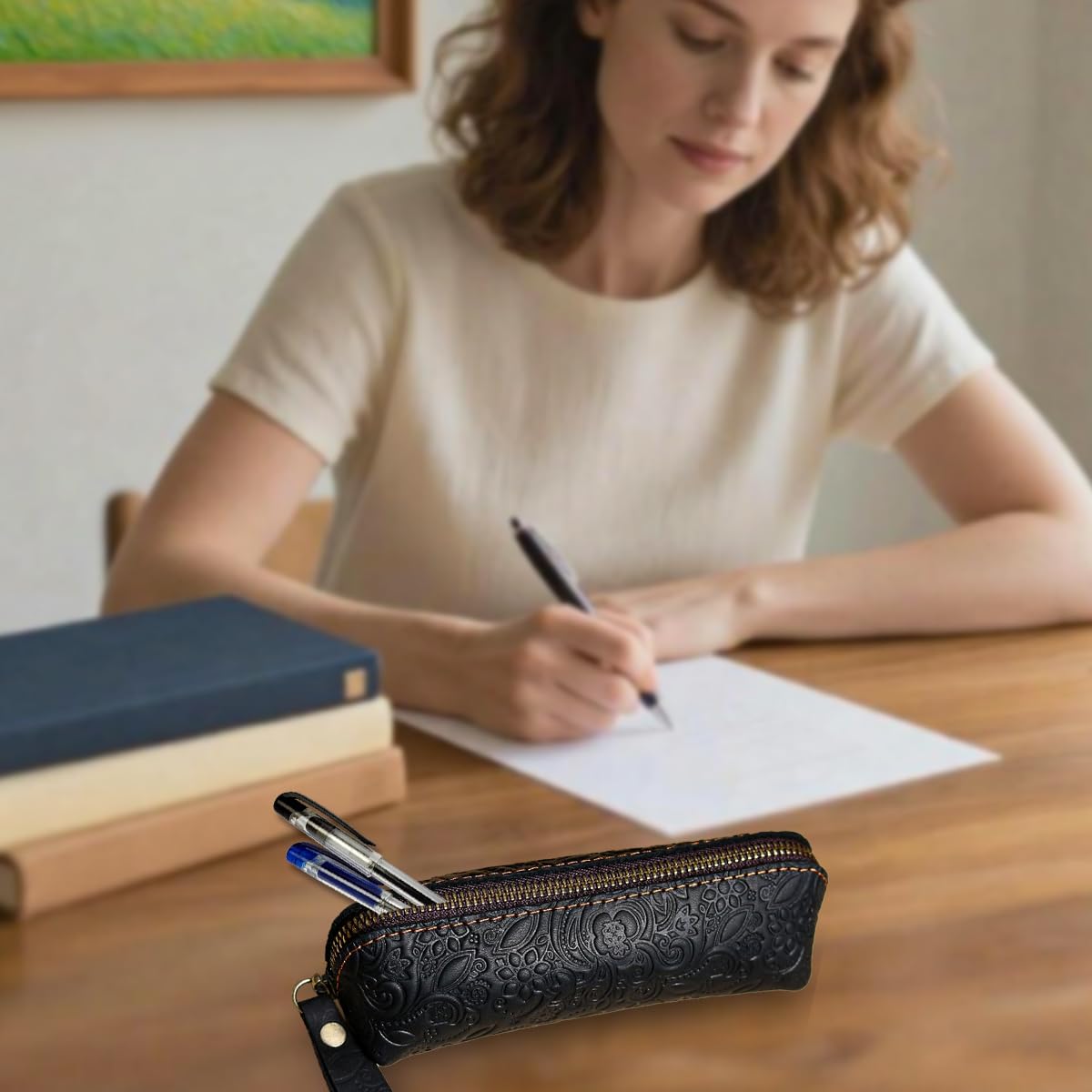 XQIGI Vintage Leather Pen Case, Handcrafted Genuine Leather Zippered Fountain Pen Pouch, Flower Makeup Holder Stationery Bag for Men and Women(Black)