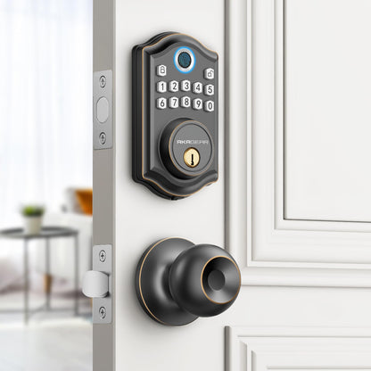 Keyless Entry Door Lock with Handle Set - Fingerprint Door Locks, Electronic Keypad Deadbolt, Smart Locks for Front Door, Auto-Lock & One Touch Locking, Easy Installation - Satin Nickel