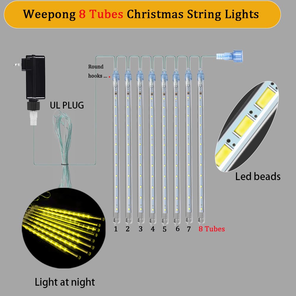 Weepong Christmas Lights Outdoor Falling Rain Meteor Shower Lights 12 inch 8 Tube 192 LED Snowfall Icicle Cascading String Light for Xmas Tree Christmas Decorations Holiday Garden, UL Plug,Warm White