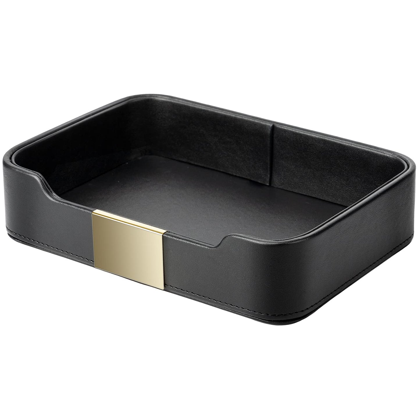 SANZIE Luxury Leather Tray Organizer Valet Tray Key Tray for Entryway Table Desktop Storage Catchall Tray Decorative Tray for Jewelry Keys Wallet Phone Watch (Metal Gilded, Black)