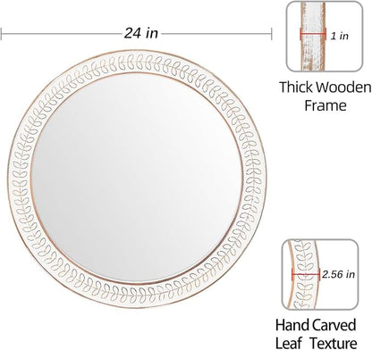 24 inch Round Rustic Wooden Mirrors, Distressed Circle Mirror for Bathroom, Bedroom, Living Room, Entryway, Fireplace, Hall
