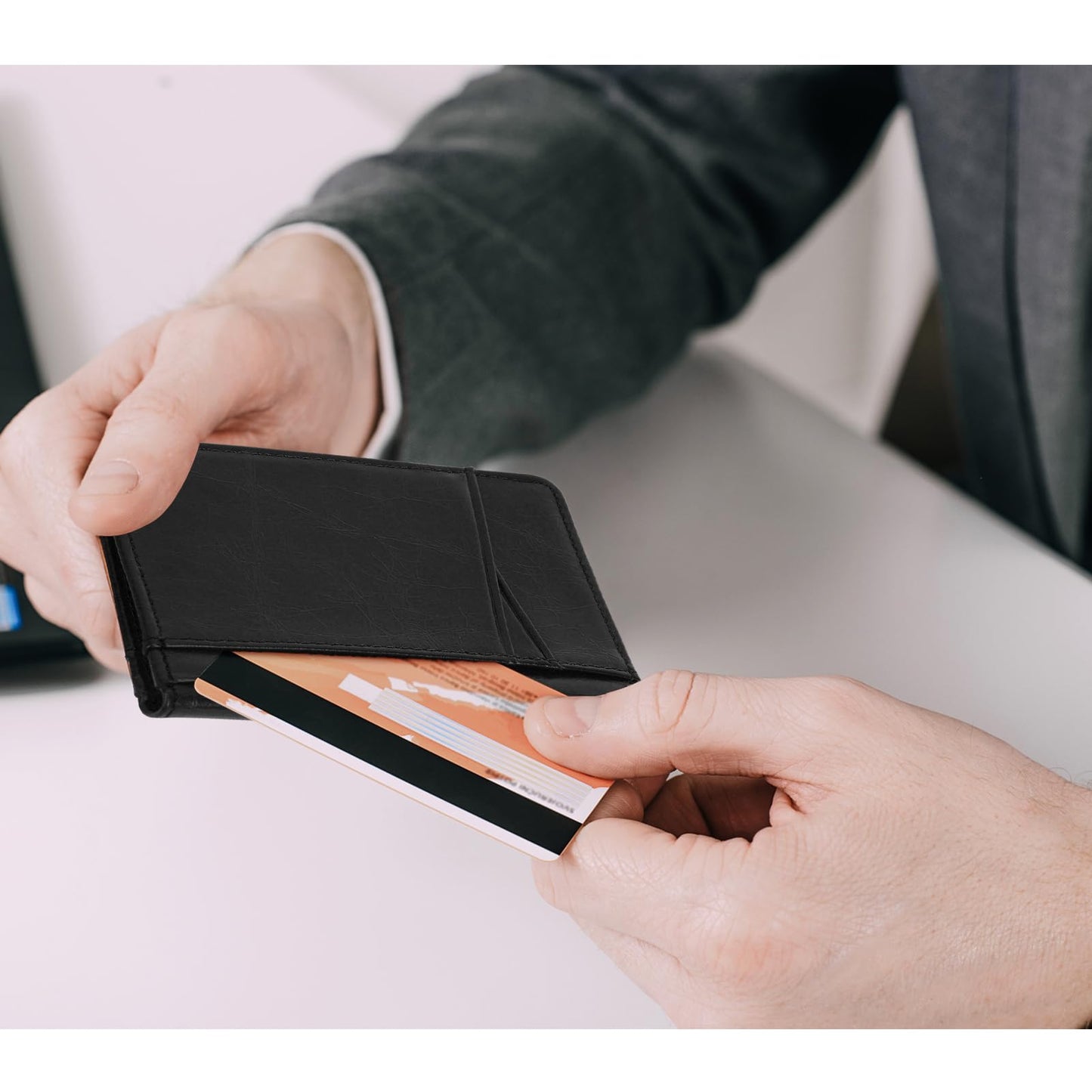 Unaone Slim Minimalist Wallet - Premium Leather Card Holder RFID Blocking Card Case with 8 Card Slots and 2 ID Window, Crackle Black