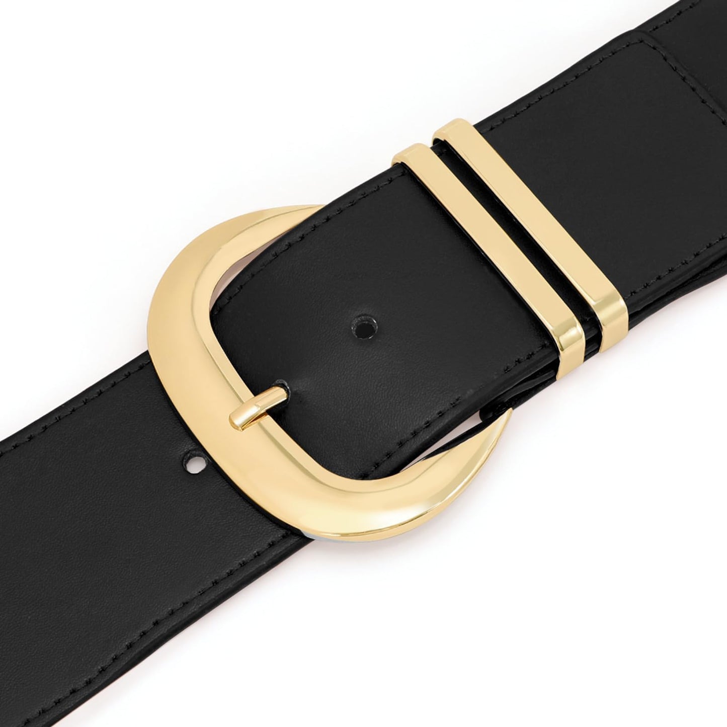 WHIPPY Women Wide Elastic Waist Belt for Dresses Fashion Gold Buckle Stretchy Leather Waistband for Ladies, Black, Fits Waist 24"-28"