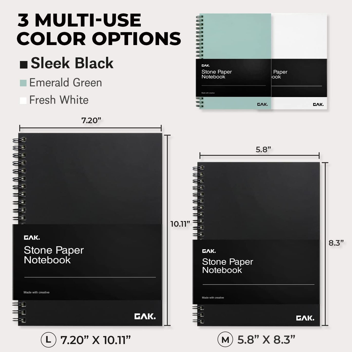 GAK. Stone Paper Waterproof Sheet Spiral Notebook (M Size) – 5.8”x8.3”, 50 sheets, Stone Paper Notebook Journal Note Taking Waterproof Notepad College Ruled Paper Black Notebook Aesthetic School