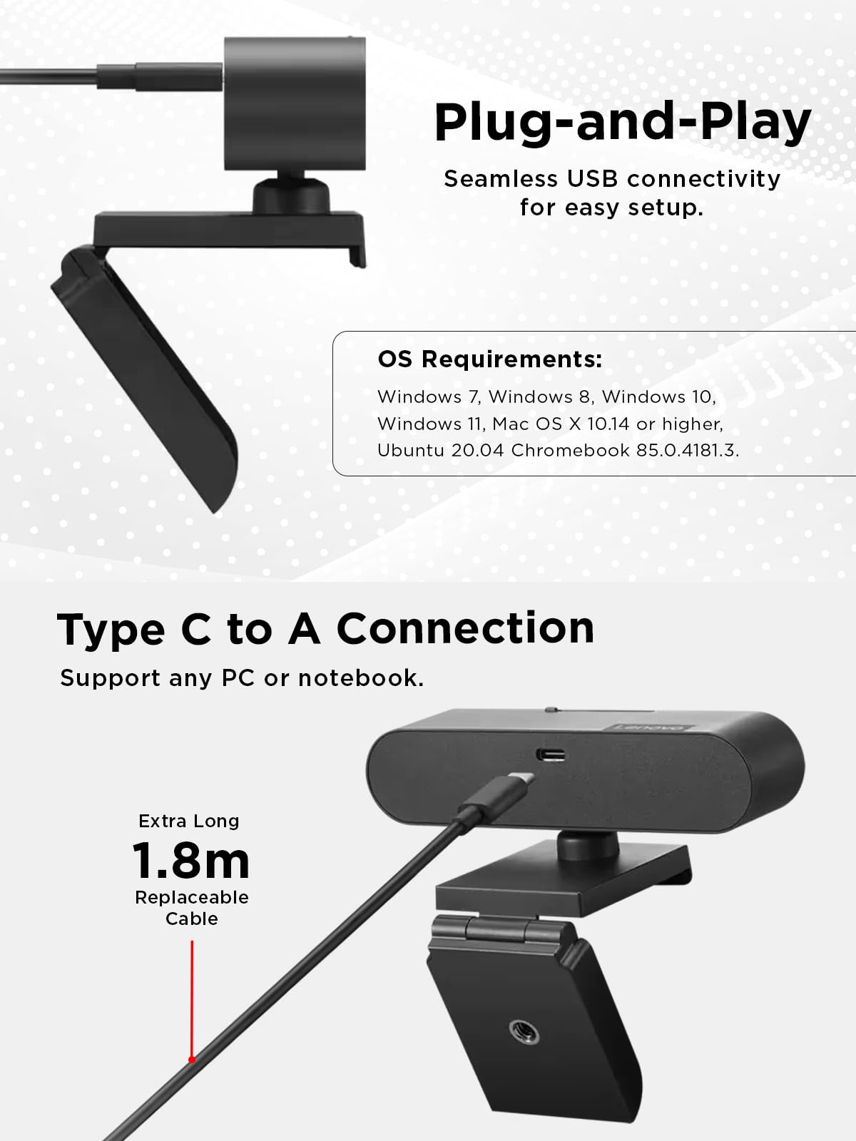 Lenovo Performance FHD 1080p Webcam USB-C,Log-on with Windows Hello, Dual Microphones, 95 Degree Lens and 4X Digital Zoom, Sliding Privacy Shutter, Black