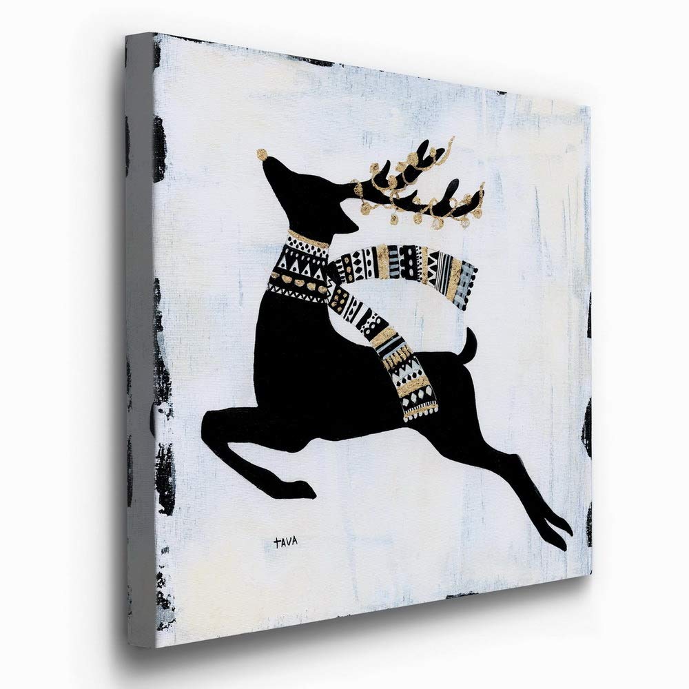 Renditions Gallery Christmas Reindeer Wall Art, Cute Winter Artwork, Black, Gold, & White, Tribal Patterns, Premium Gallery Wrapped Canvas Decor, Ready to Hang, 24 in H x 24 in W, Made in America