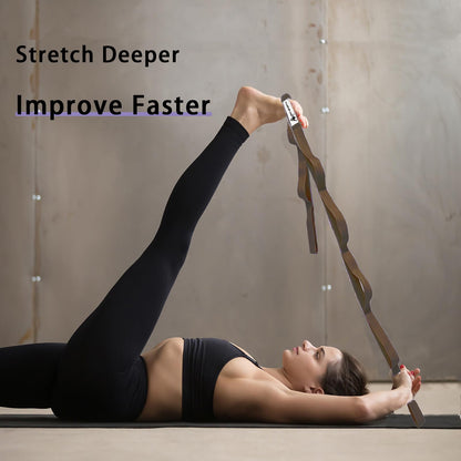 Stretching Strap Yoga Strap with Loops, Stretch Straps for Physical Therapy, Non-Elastic Exercise Strap for Pilates, Dance and Gymnastics with Workout Guide (Brown)