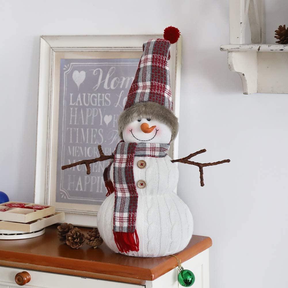 WORLDECO Christmas Cute Snowman Indoor Decorations Handmade Gift, Animated Xmas Snowman Plush Bedroom Home Ornament,Holiday Party Presents, White 20 inch