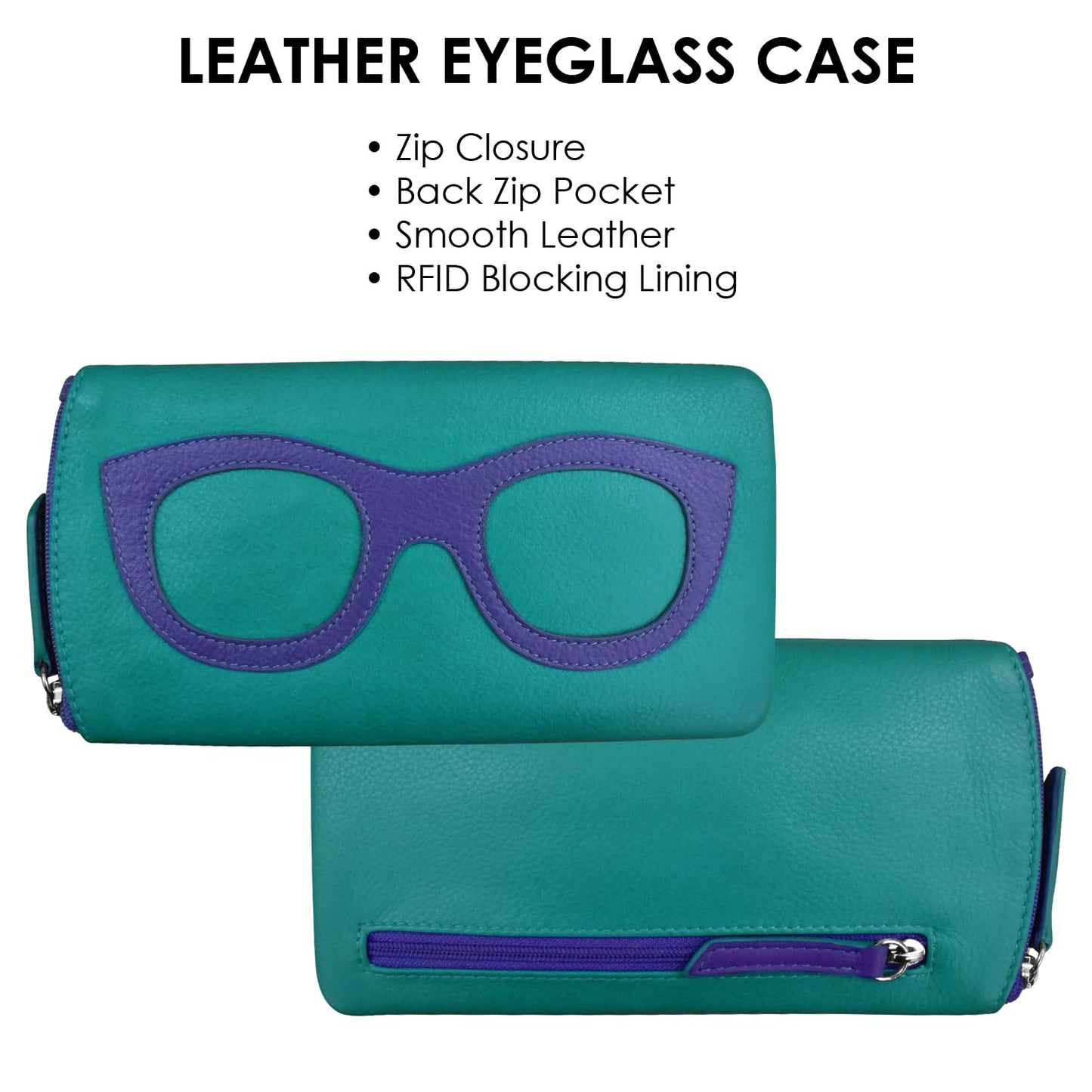 ili New York Soft Eye Glass Cases with RFID Blocking - Soft Leather Sunglasses Case with Zip Closure and Back Pocket, Slim Lightweight Glasses Pouch for Women and Men, Aqua/Cobalt