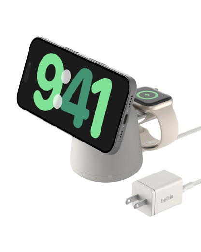 Belkin 2-in-1 MagSafe Wireless Charging Dock 15W Fast Charge iPhone Charger Compatible with iPhone 17, 16, 15, and 14 Series, AirPods, Pixel 10, and Other MagSafe Enabled Devices, PSU Included - Black