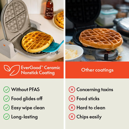 bella Flip-n-Store Waffle Maker with EverGood™ Ceramic Nonstick Coating, Fits-anywhere™ Kitchenware, Power Indicator Light, Cool Touch Handle & Cord Wrap, 7” Wide & 1" Deep Plates, 1000 Watt, Oatmilk