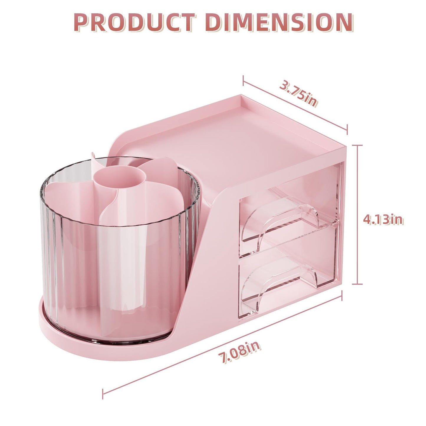 Marbrasse Desk Organizer with 2 Drawer, 360°Rotating Pen Holder, Desk Organizers and Accessories with 6 Slots Pencil Organizer + 2 Drawer, Art Supply Storage Box Caddy for Office (Pink)
