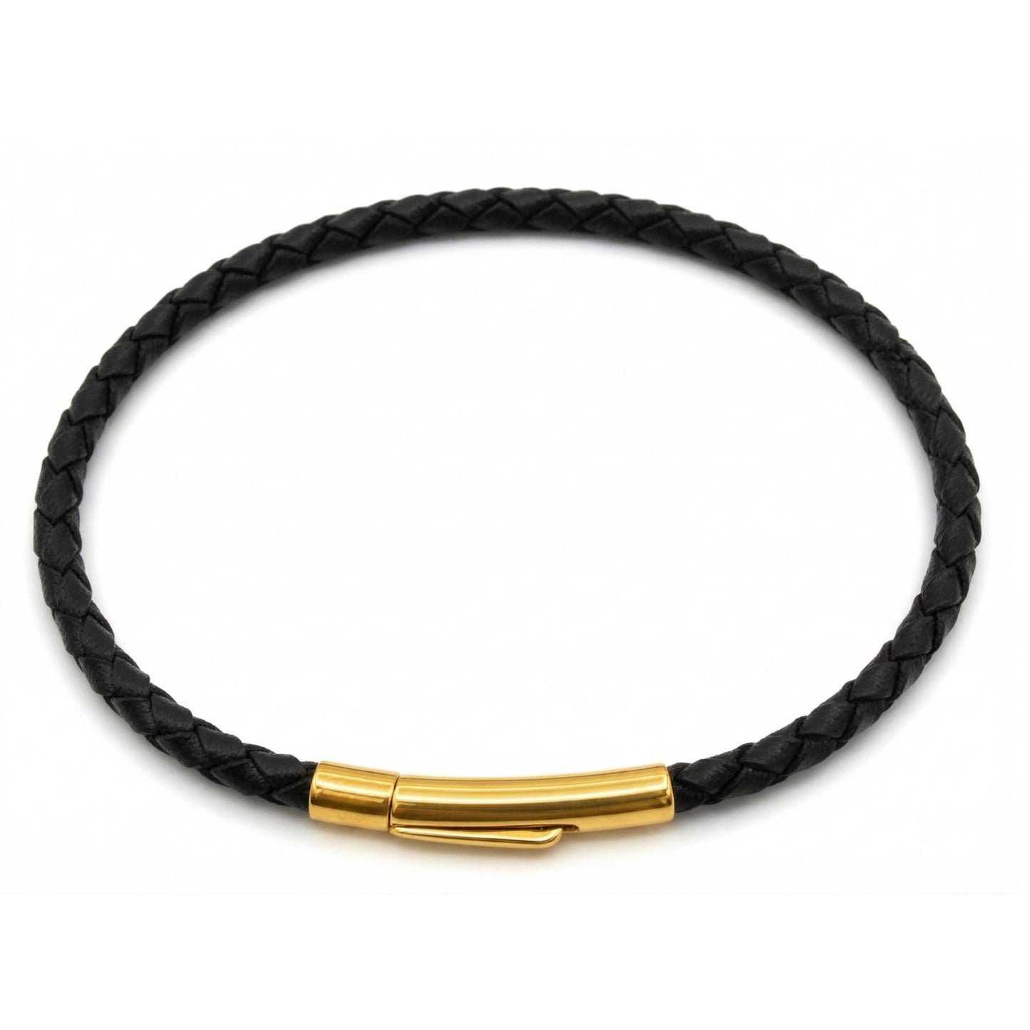 Leporem Premium Black Braided Leather Bracelet 18K Gold Plated Minimalist Everyday Jewelry Secure Push Lock Clasp Luxury Gift Box (Black, 7.5 Inch)