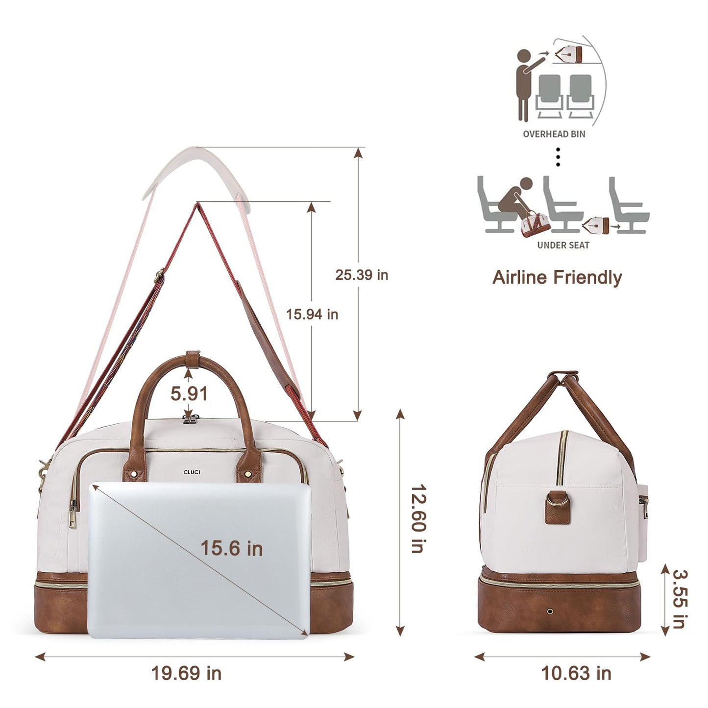 CLUCI Duffle Bag Weekender Bags for Women Canvas Anti Theft Travel Bag for Women Overnight Tote Carry On Bags with Shoe Compartment White with Brown