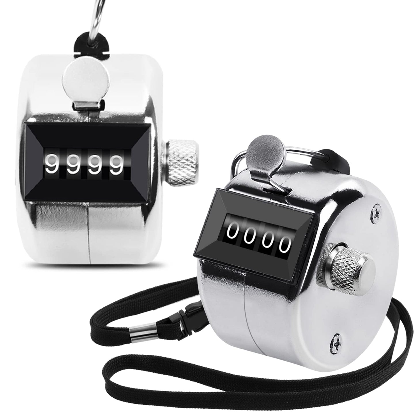 Oligei 2 Pack Metal Hand Counter Four-Digit Counter with Nylon Lanyard Silver Counter Click Counter Handheld Click Counter Digital Counting