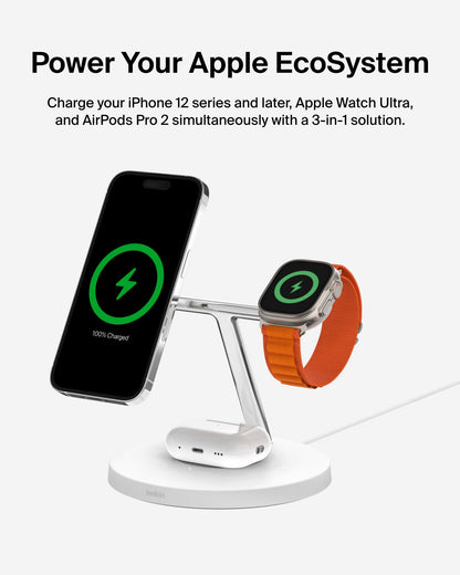 Belkin MagSafe-Compatible Charger, 3-in-1 Wireless Charging Station, Qi2-Certified 15W Wireless Charge for Apple iPhone 17 Series, Apple Watch, AirPods w/Non-Slip Base, 40W Included - Black