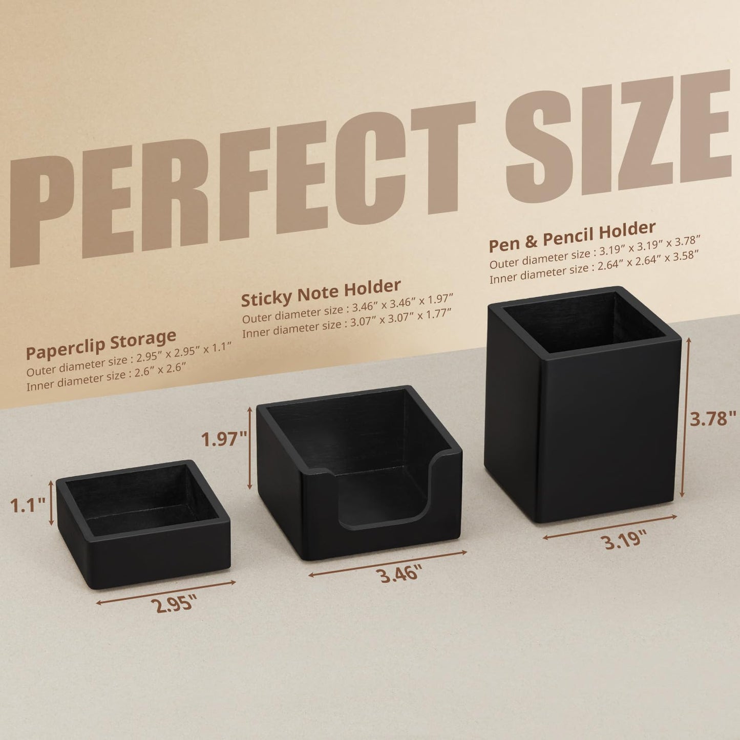 CMLKLZD Black Desk Organizer Set of 3 - Wood Office Desk Accessories - Desk Organizers and Accessories for Women Men - Set incl. Pencil Pen Holder, Paperclip Storage and Sticky Note Holder