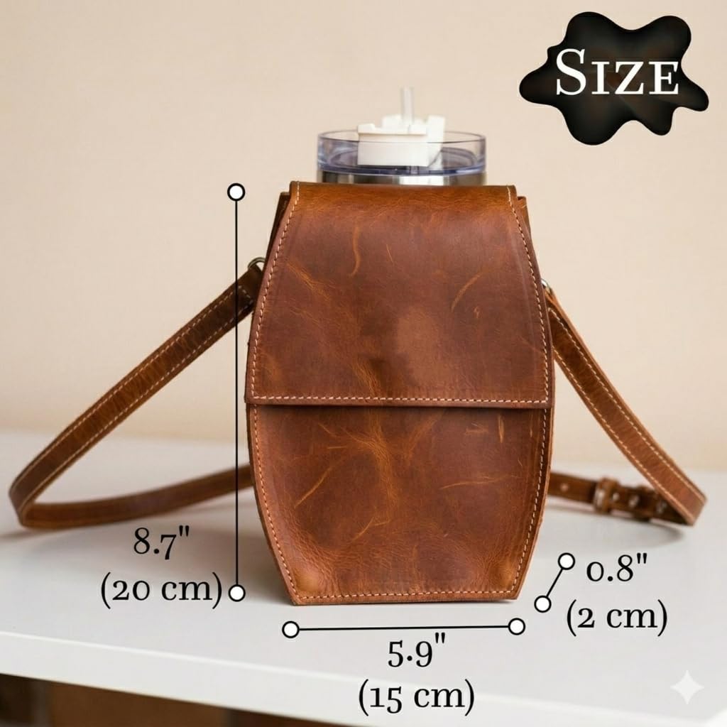 Leather Crossbody Bottle Bag – Genuine Leather Water Bottle Holder with Adjustable Strap, Slim Travel Drink Carrier Pouch for Walking, Hiking & Festivals (Bottle Not Included), Warm Brown