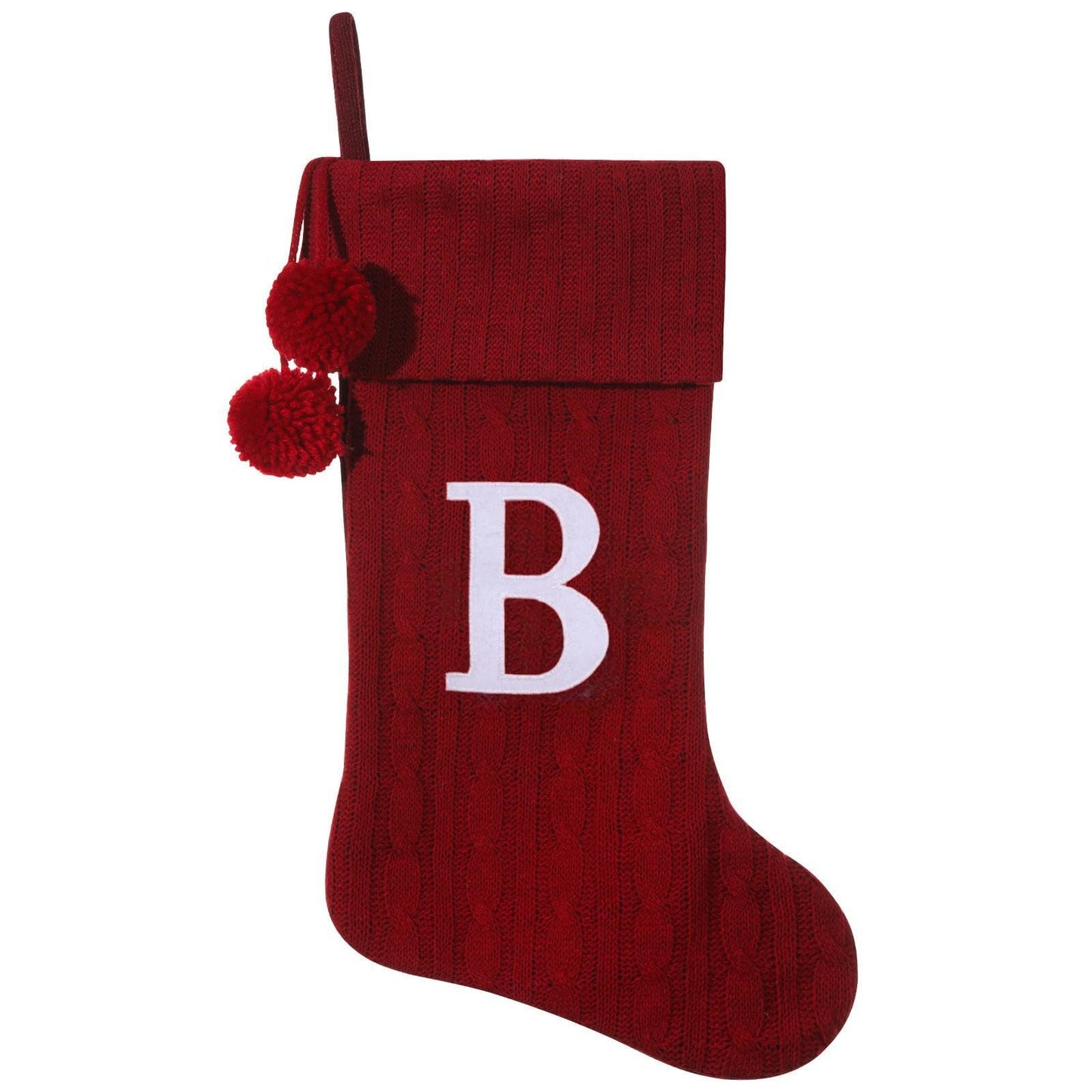 Pxniy Personalized Christmas Stocking 19 Inch - Burgundy Cable Knit with Monogram Embroidery & Pom Poms, Family Fireplace Hanger for Holiday Decor, Burgundy Letter B