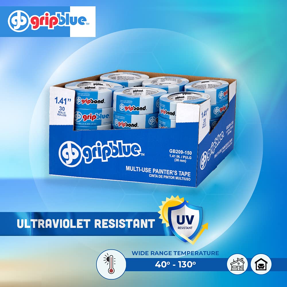 GripBlue Blue Painters Tape 1.5 Inch Wide, 30 Rolls Masking Tape - Perfect for Precise Lines on Walls & Trim, Multi-Surface, Residue-Free, Easy Removal - Ideal for Indoor & Outdoor Use, 1.41in x 60yds