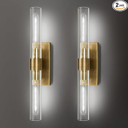 Brass Wall Sconces, 22.8" Bathroom Light Fixtures, Gold Wall Sconces Set of 2, 2-Light Dimmable Wall Sconce with Glass, Modern Vanity Light Up and Down Wall Lighting for Living Room Hallway