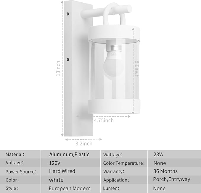Outdoor Dusk to Dawn Wall Light Exterior Light Fixture Sconce Pure Aluminum Porch Lantern White E26 (Bulb Not Included) Waterproof Lamps Decoration Garden Yard Lights for Garage Fence Front Door